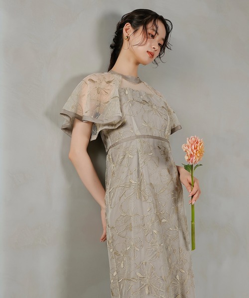 Kana ドレス フレアスリーブ 花柄刺繍レース パーティー 結婚式