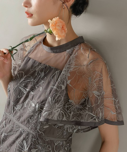 Kana ドレス フレアスリーブ 花柄刺繍レース パーティー 結婚式