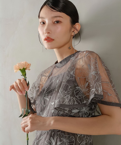 Kana ドレス フレアスリーブ 花柄刺繍レース パーティー 結婚式