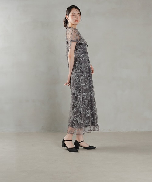 グレー レース フレアスリーブ ドレス Kana ドレス フレアスリーブ 花柄刺繍レース パーティー 結婚式