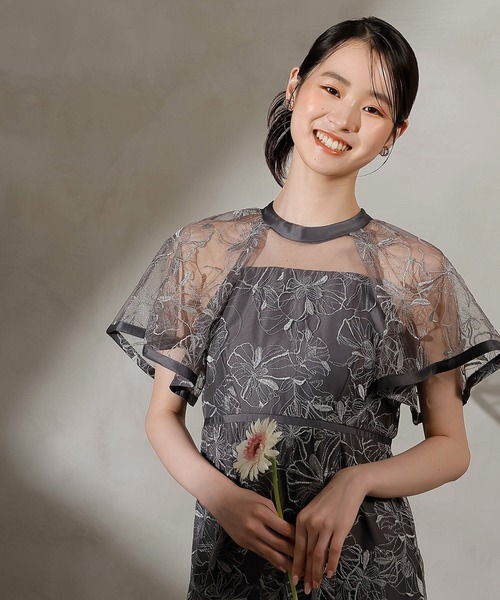 Kana ドレス フレアスリーブ 花柄刺繍レース パーティー 結婚式