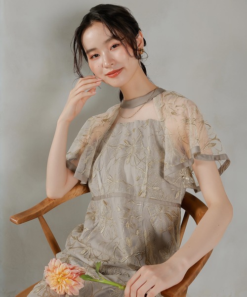 Kana ドレス フレアスリーブ 花柄刺繍レース パーティー 結婚式