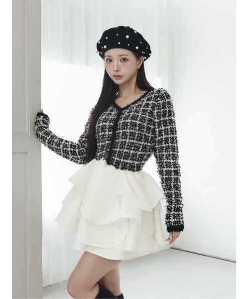 Darich（ダーリッチ） ワンピース ボリュームフリルツイードニットミニ