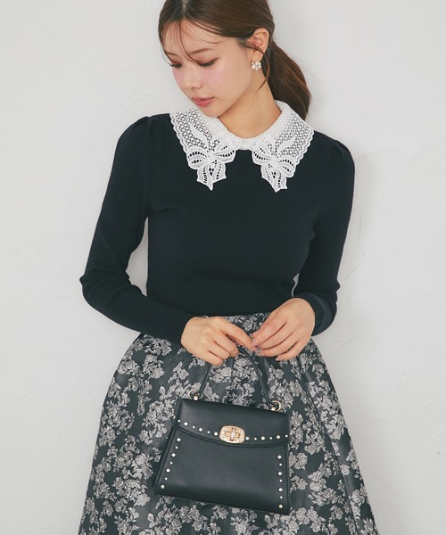 アトリエまりこ♡薔薇モチーフ＆レース♪フレンチスリーブ・ニットトップス♪黒☆美品 tocco closet（トッコ クローゼット） ニット セーター 「ZOZO限定