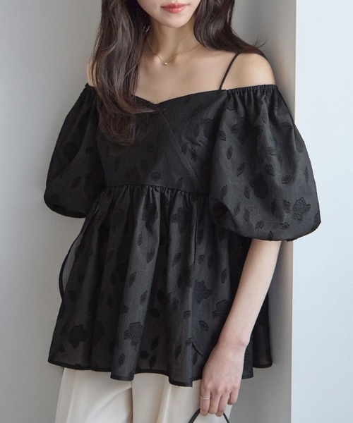 ブラウス シャツ 夏 半袖 2wayオフショル花柄ペプラムトップス