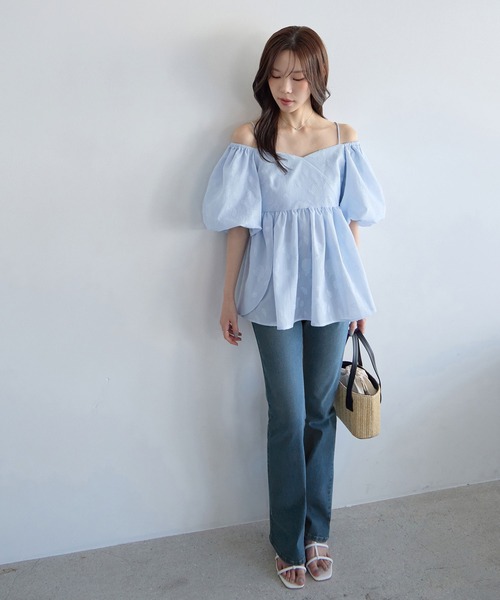 ブラウス シャツ 夏 半袖 2wayオフショル花柄ペプラムトップス