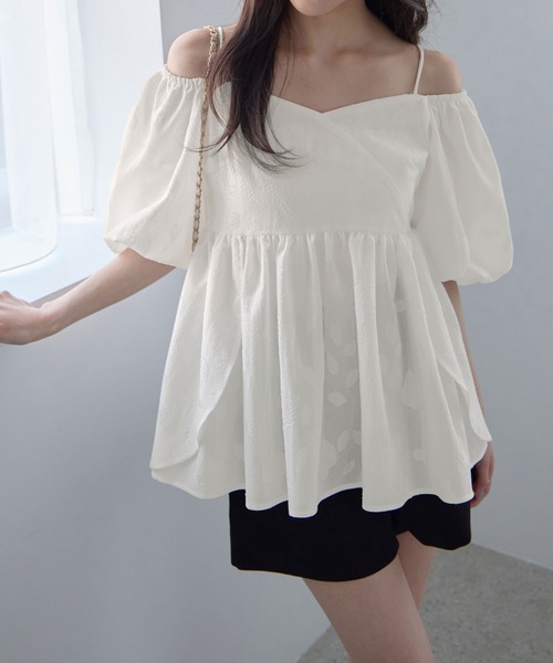 ブラウス シャツ 夏 半袖 2wayオフショル花柄ペプラムトップス ブラウス シャツ 夏 半袖 2wayオフショル花柄ペプラムトップス