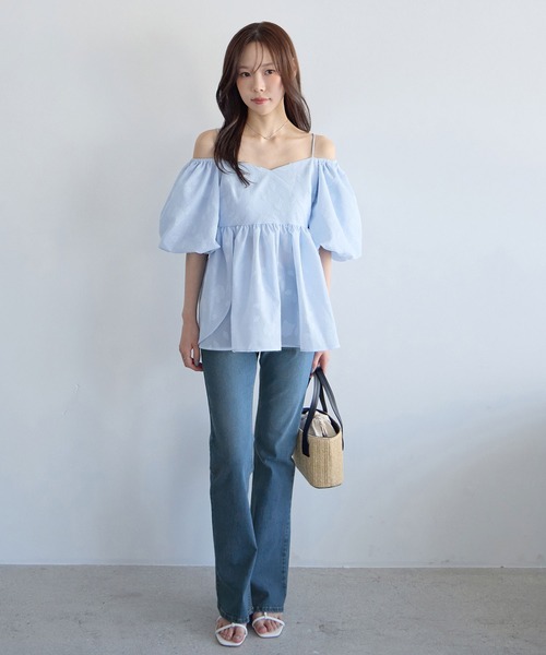 ブラウス シャツ 夏 半袖 2wayオフショル花柄ペプラムトップス