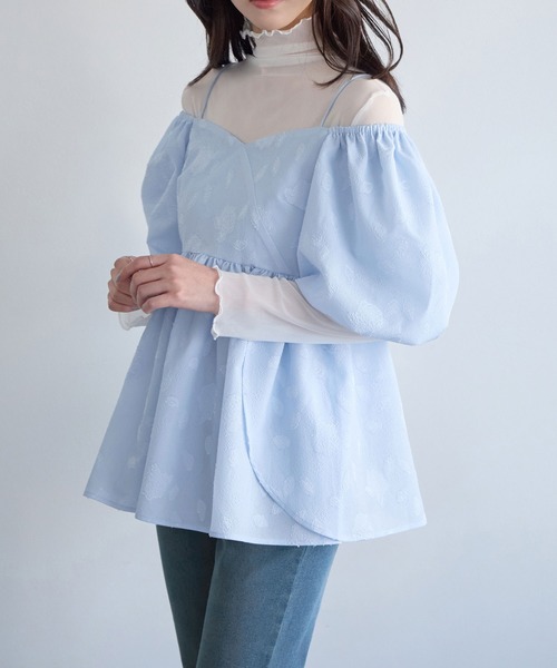 ブラウス シャツ 夏 半袖 2wayオフショル花柄ペプラムトップス