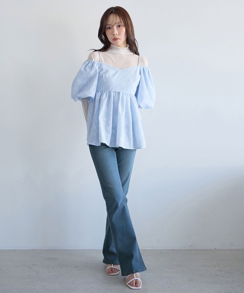 ブラウス シャツ 夏 半袖 2wayオフショル花柄ペプラムトップス