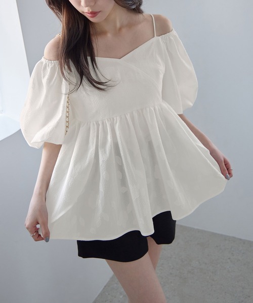 ブラウス シャツ 夏 半袖 2wayオフショル花柄ペプラムトップス