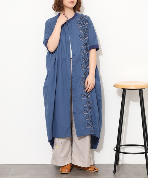 Emago（イマゴ） シャツワンピース 縦花刺繍コクーンワンピース 半端袖