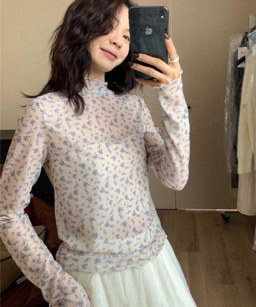 tシャツ 小花柄シアーレース長袖インナートップス レディース