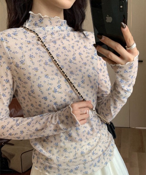 tシャツ 小花柄シアーレース長袖インナートップス レディース