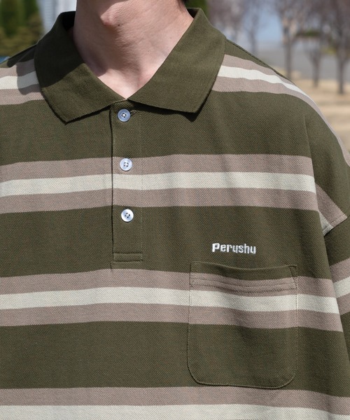 Supreme ポロシャツ ブラウン ボーダー LOGOS PARK】マルチボーダーポロシャツ(Mサイズ ブラウン