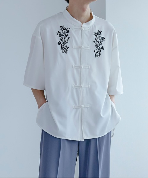 Ellno Loset（エルノロゼット） シャツ 半袖 チャイナ刺繍シャツ