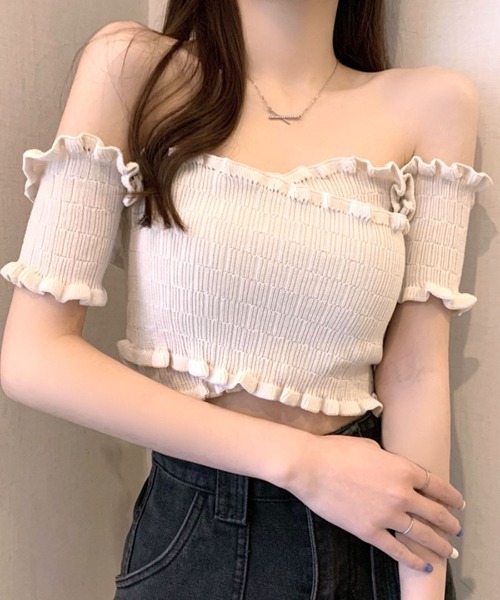 tシャツ ショート丈リブオフショルトップス レディース coca tシャツ オフショルダーリブトップス レディース