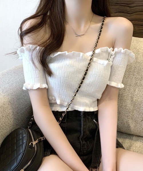 tシャツ ショート丈リブオフショルトップス レディース REMUR tシャツ オフショルダートップス 半袖 ショート丈