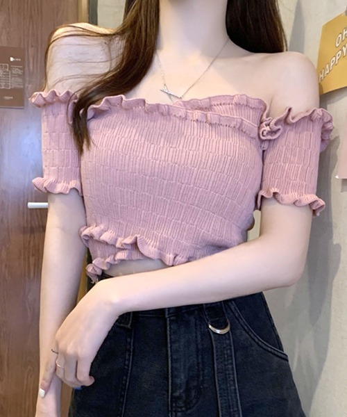 tシャツ ショート丈リブオフショルトップス レディース REMUR tシャツ オフショルダートップス 半袖 ショート丈