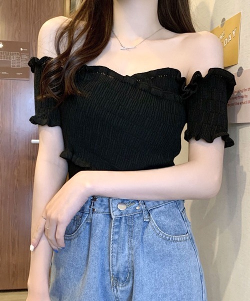 tシャツ ショート丈リブオフショルトップス レディース REMUR tシャツ オフショルダートップス 半袖 ショート丈