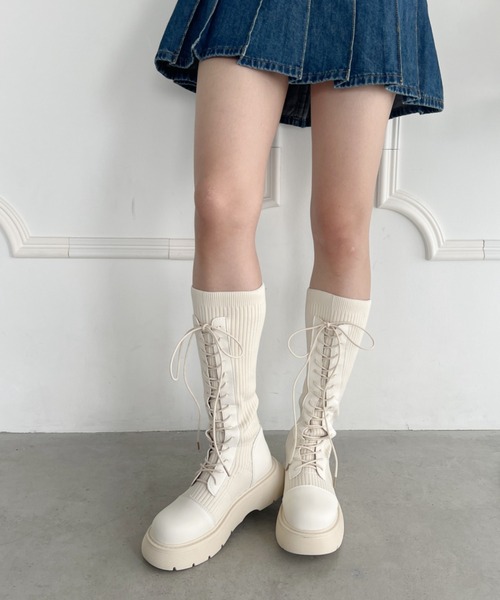 Loueme ブーツ レースアップロングソックスブーツ レディース