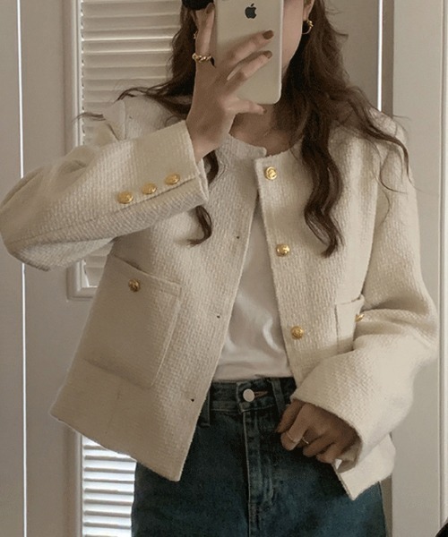 美品　relume ノーカラージャケット　金ボタン　ツイード　マルチカラー Re:EDIT ジャケット ノーカラージャケット ボアリボン金釦ノー