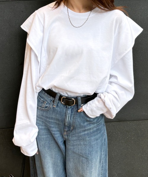 【美品】BORDERS at BALCONY　ラッフルスリーブＴシャツ　白 I-SOOK（アイスー） tシャツ 「ISOOK / アイスー」ラッフルショルダー