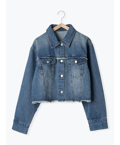 美品 組曲 ノーカラー デニムジャケット 短丈 ブルー系 大きいサイズ L