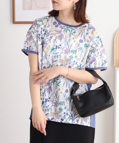 tシャツ BRODIAEA 綿ローン ボタニカル柄切り替え半袖カットソー