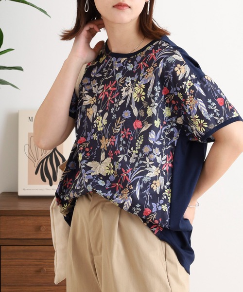 ブローディア BRODIAEA 綿ローン ボタニカル柄切り替え半袖カットソー【日本製】 （ネイビー） tシャツ BRODIAEA 綿ローン ボタニカル柄切り替え半袖カットソー