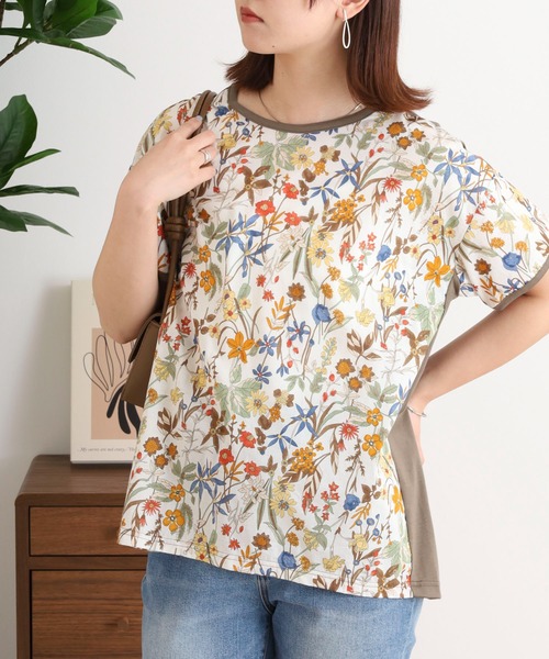 tシャツ BRODIAEA 綿ローン ボタニカル柄切り替え半袖カットソー日本製 レディース