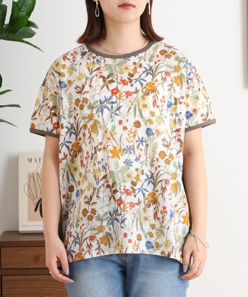 プランテーション リネン混 ボタニカル柄 ゆったりTシャツ 半袖カットソー tシャツ BRODIAEA 綿ローン ボタニカル柄切り替え半袖カットソー