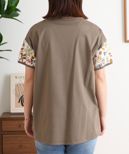 tシャツ BRODIAEA 綿ローン ボタニカル柄切り替え半袖カットソー