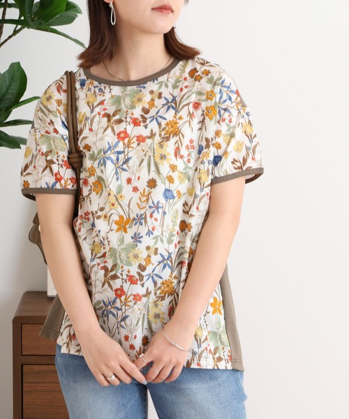tシャツ BRODIAEA 綿ローン ボタニカル柄切り替え半袖カットソー