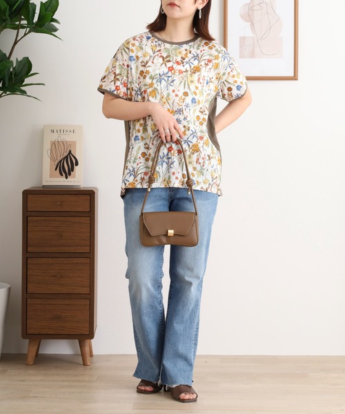 tシャツ BRODIAEA 綿ローン ボタニカル柄切り替え半袖カットソー