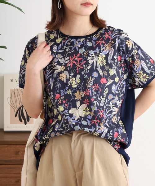 tシャツ BRODIAEA 綿ローン ボタニカル柄切り替え半袖カットソー