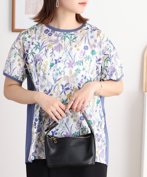 tシャツ BRODIAEA 綿ローン ボタニカル柄切り替え半袖カットソー