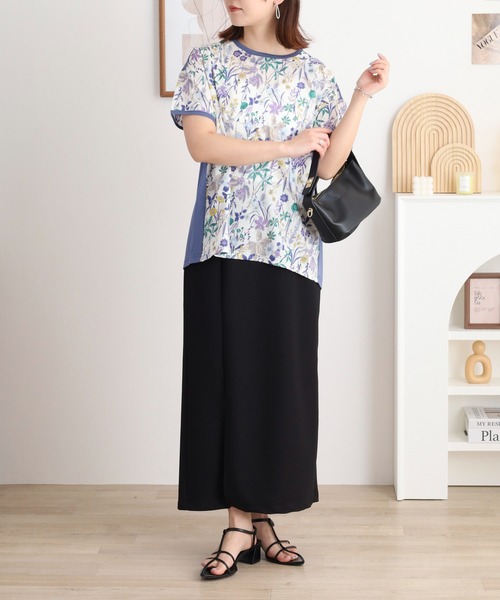 tシャツ BRODIAEA 綿ローン ボタニカル柄切り替え半袖カットソー