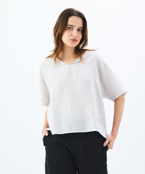 美品　オーシバル　リネン100 プルオーバーシャツ　チェックシャツ　半袖ブラウス 美品 オーシバル リネン100 プルオーバーシャツ チェックシャツ