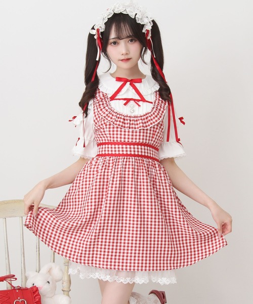 DearMyLove ワンピース 夏 半袖 お茶会メイドヨークフリルリボン