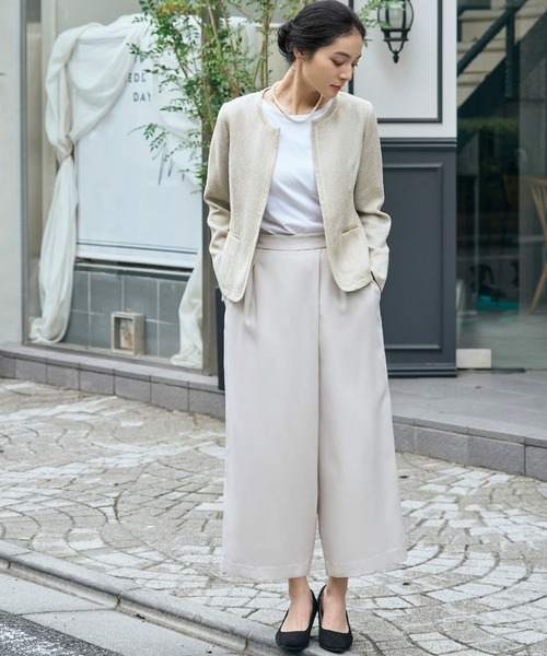 POLYPLOID セットアップ ブルゾン×ワイドパンツ 綿100 XLサイズ Flolia（フロリア） セットアップ ノーカラー ツイードジャケット 巻き