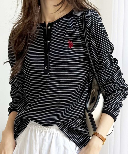 RRL フローラル刺繍 ヘンリーネック ロンT U.S. POLO ASSN.（ユーエスポロアッスン） ヘンリーネック tシャツ