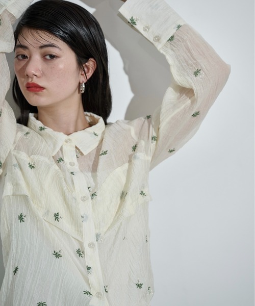 THE Yon ブラウス シャツ フラワー刺繍ビスチェデザインシアーシャツ