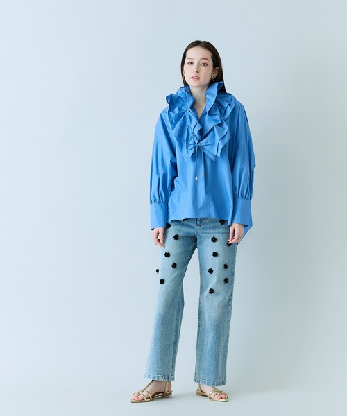 ジーンズ デニム デニムパンツ ビジュー付きブーツカットデニム レディースの画像