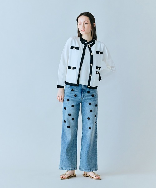 ジーンズ デニム デニムパンツ ビジュー付きブーツカットデニム レディースの画像
