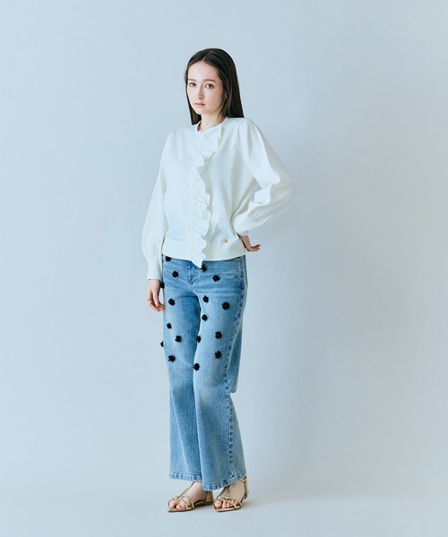 ジーンズ デニム デニムパンツ ビジュー付きブーツカットデニム レディースの画像