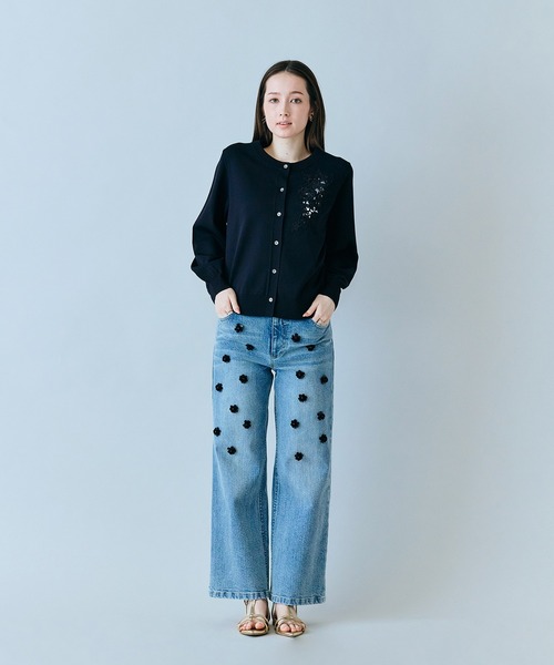 ジーンズ デニム デニムパンツ ビジュー付きブーツカットデニム レディースの画像