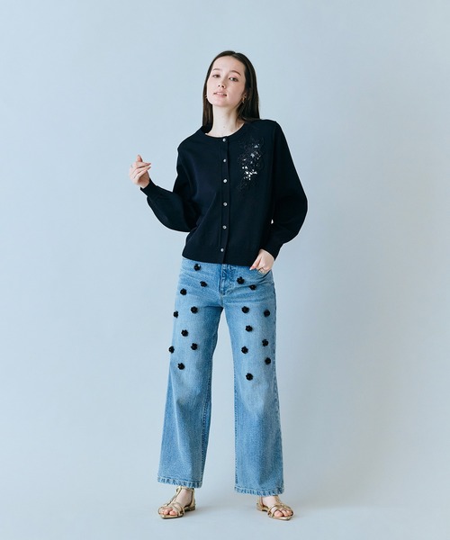 ジーンズ デニム デニムパンツ ビジュー付きブーツカットデニム レディースの画像