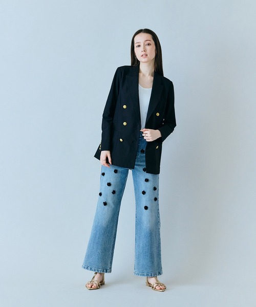 ジーンズ デニム デニムパンツ ビジュー付きブーツカットデニム レディースの画像