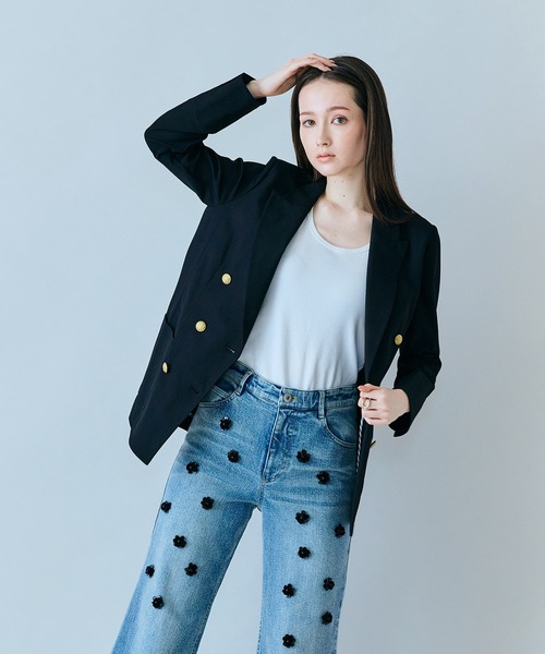 ジーンズ デニム デニムパンツ ビジュー付きブーツカットデニム レディースの画像